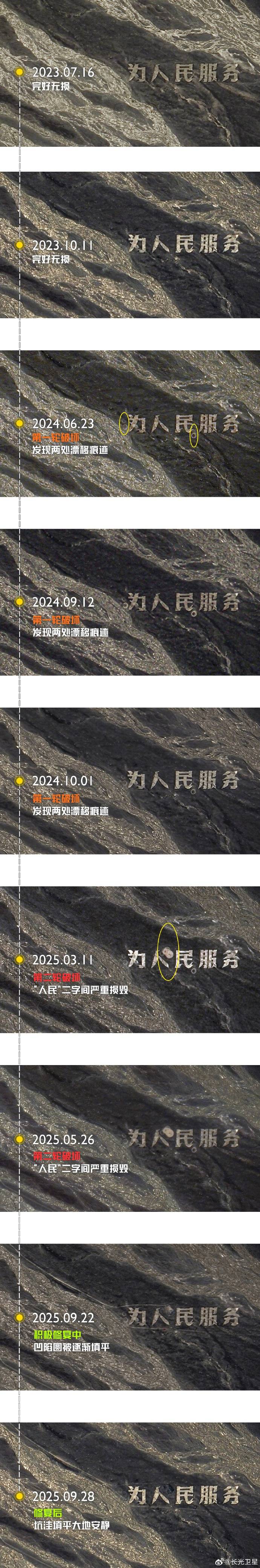 “为人民服务”地标被破坏，哈密官方回应：已介入调查，将整体修复保护受损大字